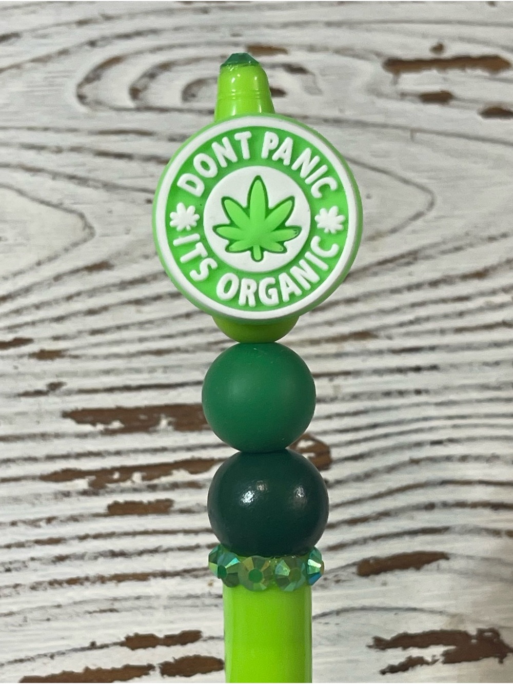 Hand Crafted Green 'Don't Panic It's Organic' Beaded Stylus Pen